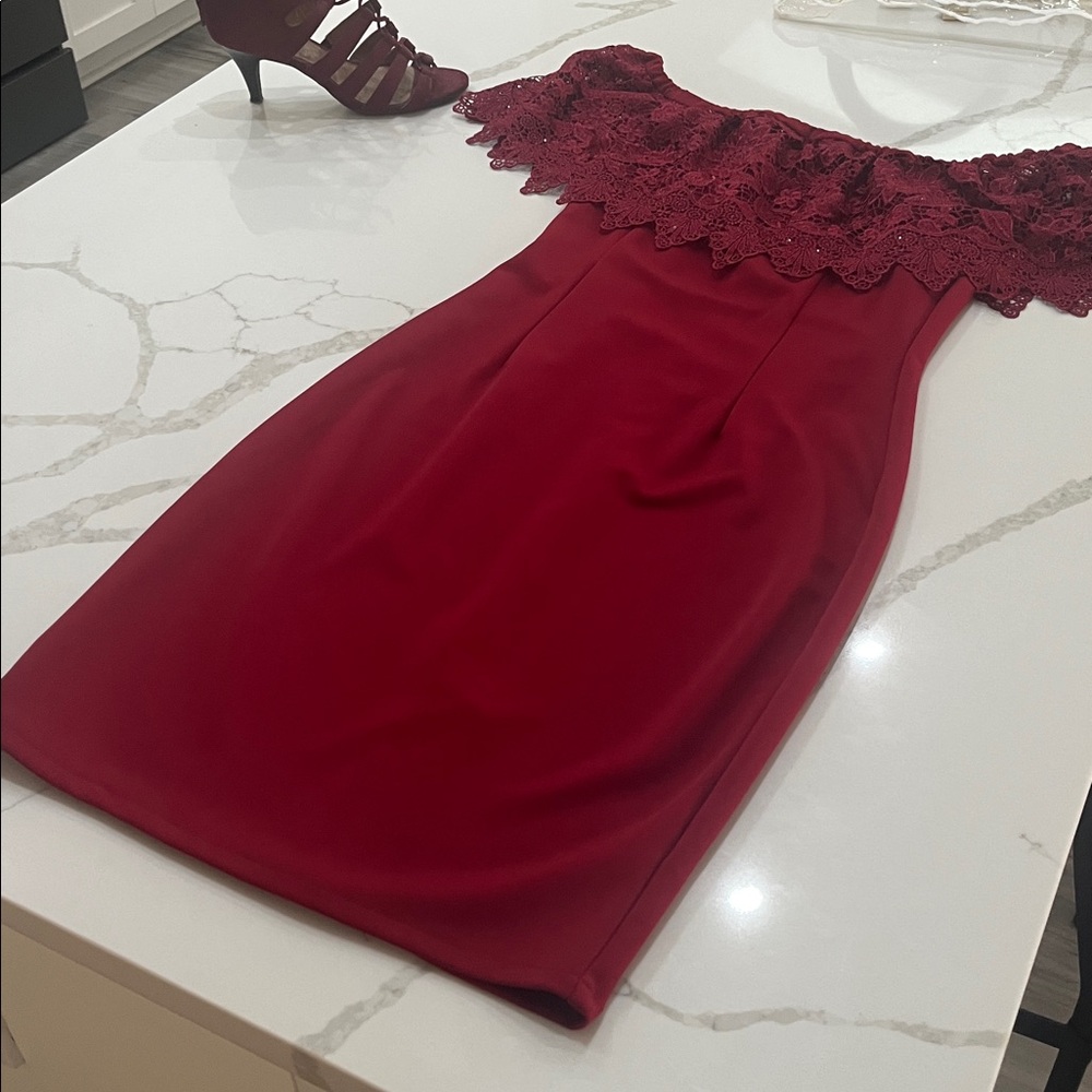 Paper Doll Red Lace Off-Shoulder Mini Dress